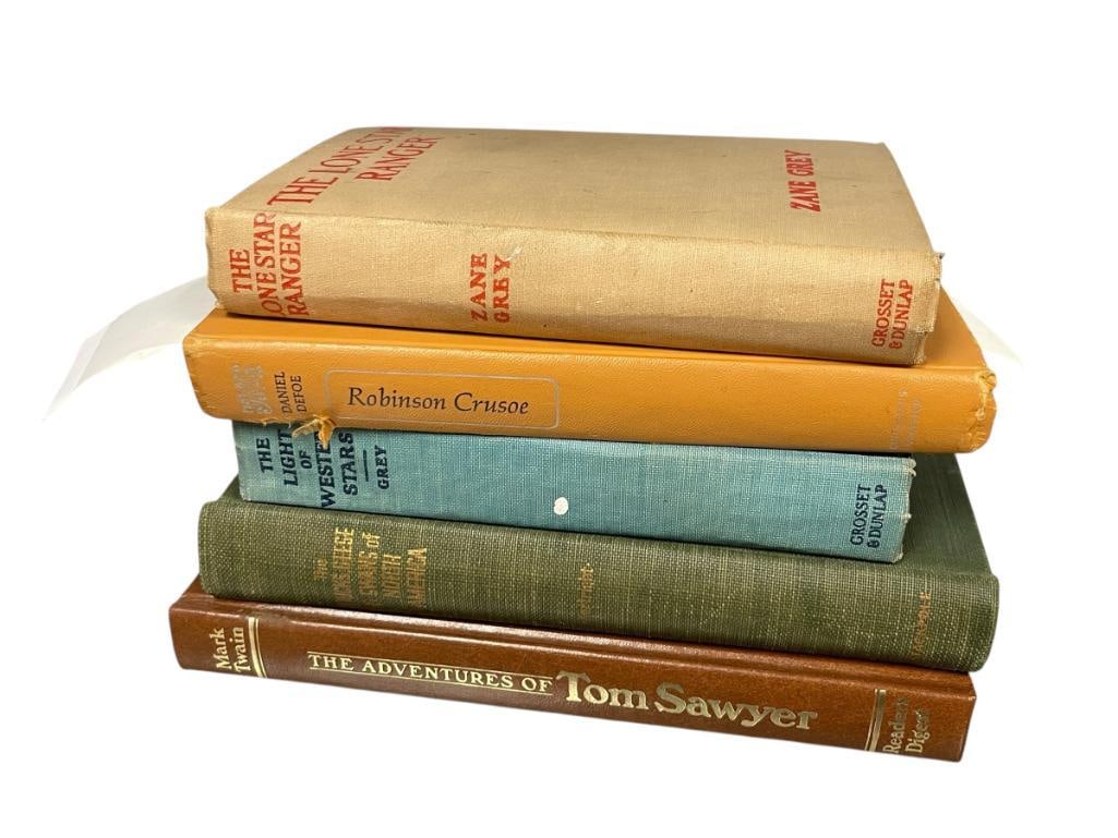 FIVE COLLECTIBLE HARDCOVER BOOKS OF FAMED NOVELS BY NOTABLE ARTIST LIKE ZANE GREY AND MARK TWAIN (1 of 11)