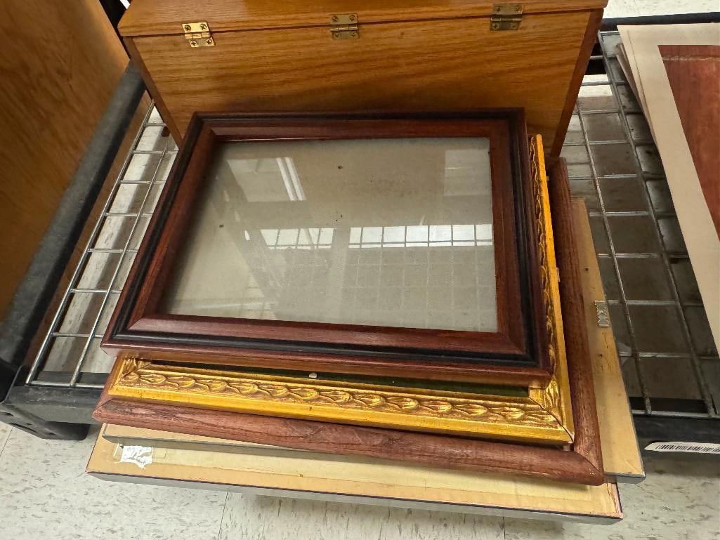 MISC. PICTURE FRAMES: SOME WITH GLASS INSERTS, WOOD FRAMES, AND MORE LARGEST IS 17" X 14"