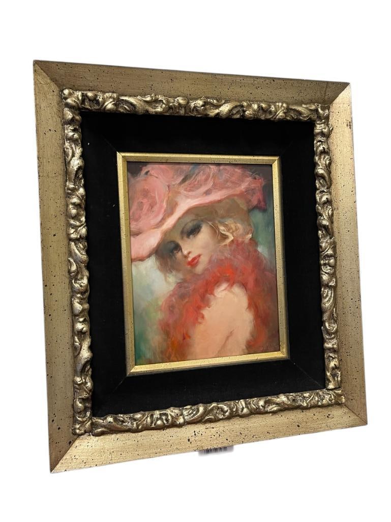 JULIAN RITTER AMERICAN ARTIST ORIGINAL OIL PAINTING ON FIBER BOARD PORTRAIT: JULIAN RITTER (1909-2000) IS AN AMERICAN ARTIST OF POLISH-GERMAN DECENT KNOWN FOR HER NUDE, CLOWN,A ND PORTRAIT PAINTINGS, ART DEPICTS WOMAN WEARING LARGE PINK DRESS WITH FEATHER WRAP, SIGNED LOWER RI