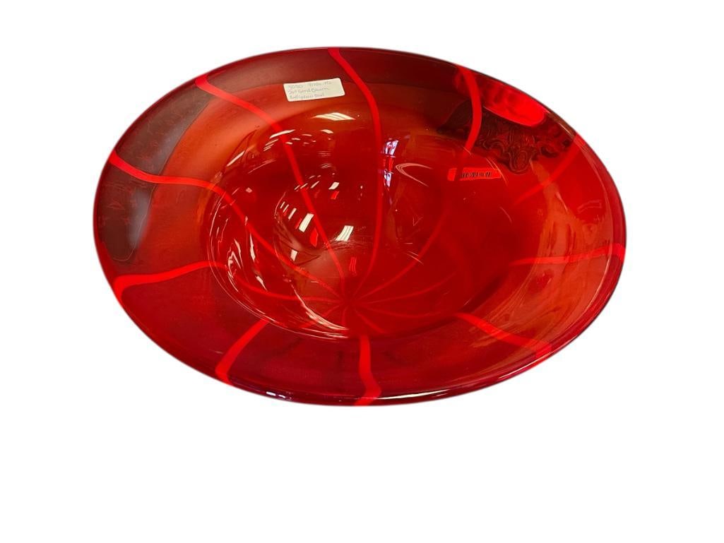 MASSIVE HAND BLOWN ART GLASS RUBY RED AND YELLOW SWIRL CONSOLE BOWL (1 of 6)