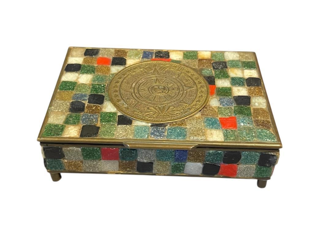 MEXICAN MOSAIG GLASS AND BRASS BOX AZTEC CALENDAR DECOORATED TOP LID (1 of 5)
