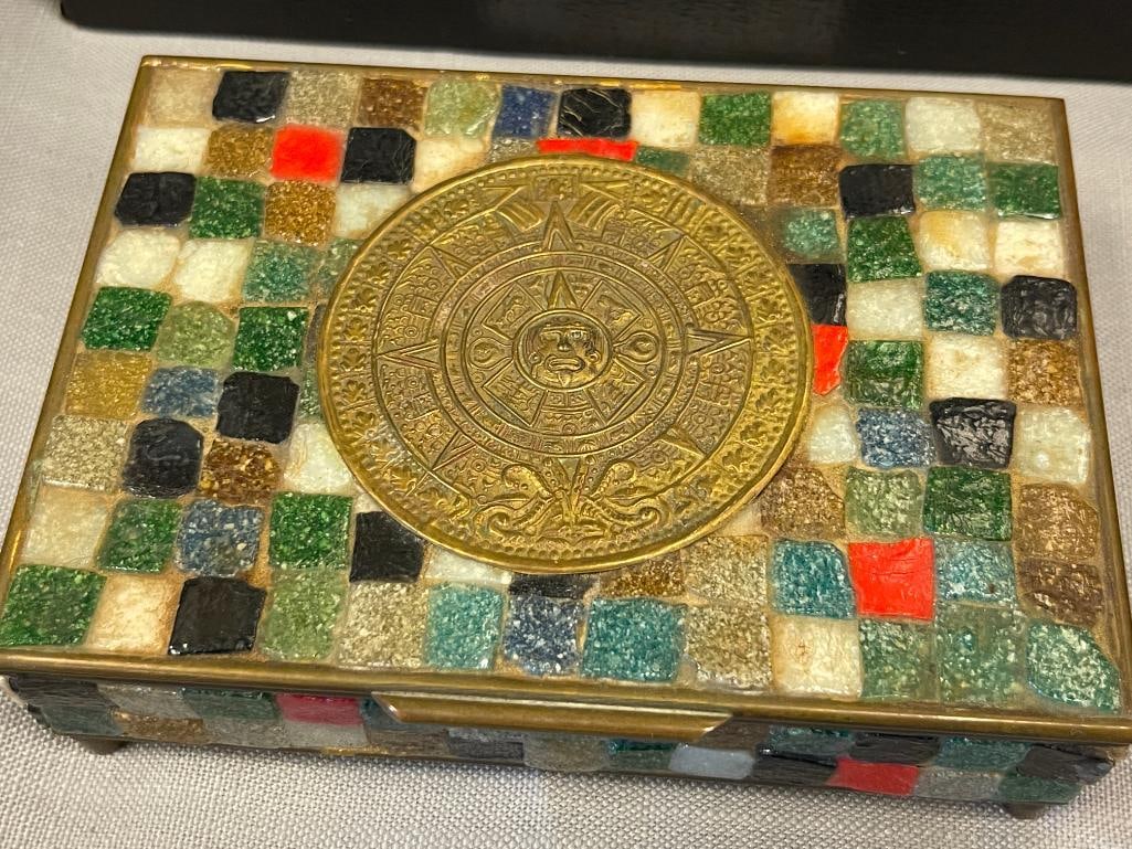 MEXICAN MOSAIC GLASS AND BRASS LIDDED BOX FEATURING AZTEC CALENDAR DECORATED LID - 2