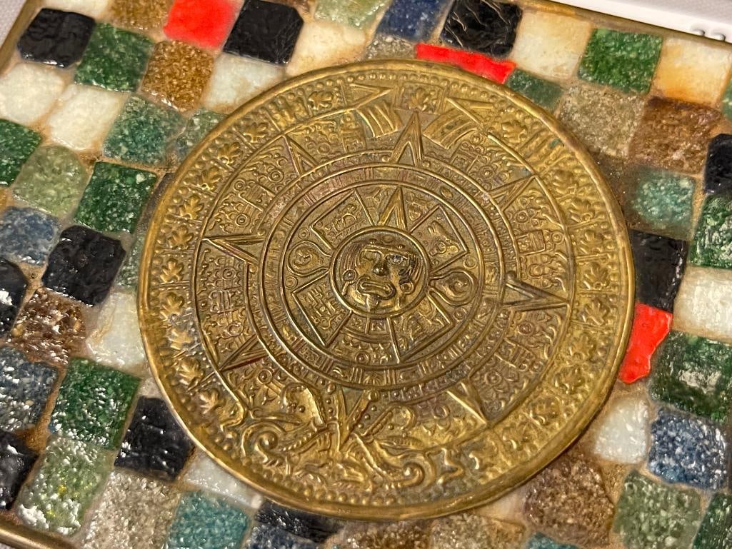MEXICAN MOSAIC GLASS AND BRASS LIDDED BOX FEATURING AZTEC CALENDAR DECORATED LID - 3