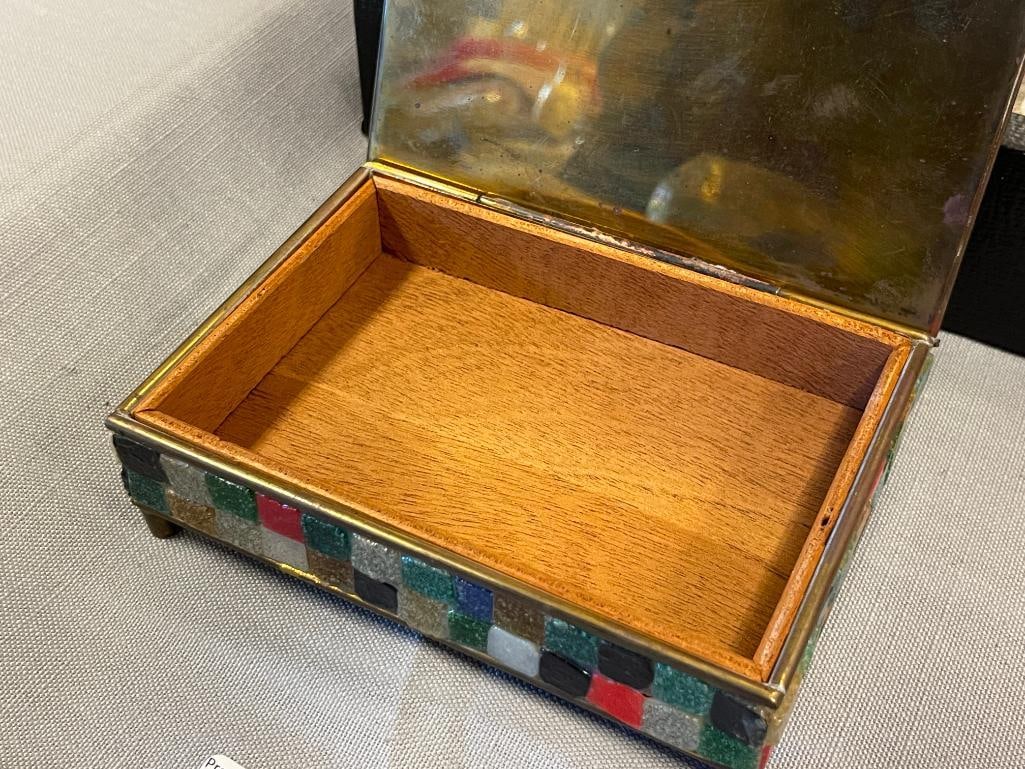 MEXICAN MOSAIC GLASS AND BRASS LIDDED BOX FEATURING AZTEC CALENDAR DECORATED LID - 4
