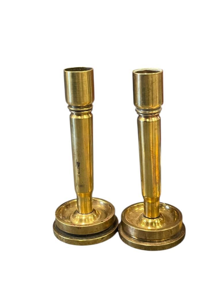 WWII ERA BRASS TRENCH ART CANDLESTICK HOLDERS MADE FROM 40MM MK1 SHELL AND CASINGS (1 of 4)