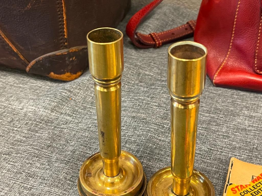 WWII ERA BRASS TRENCH ART CANDLESTICK HOLDERS MADE FROM 40MM MK1 SHELL AND CASINGS - 2