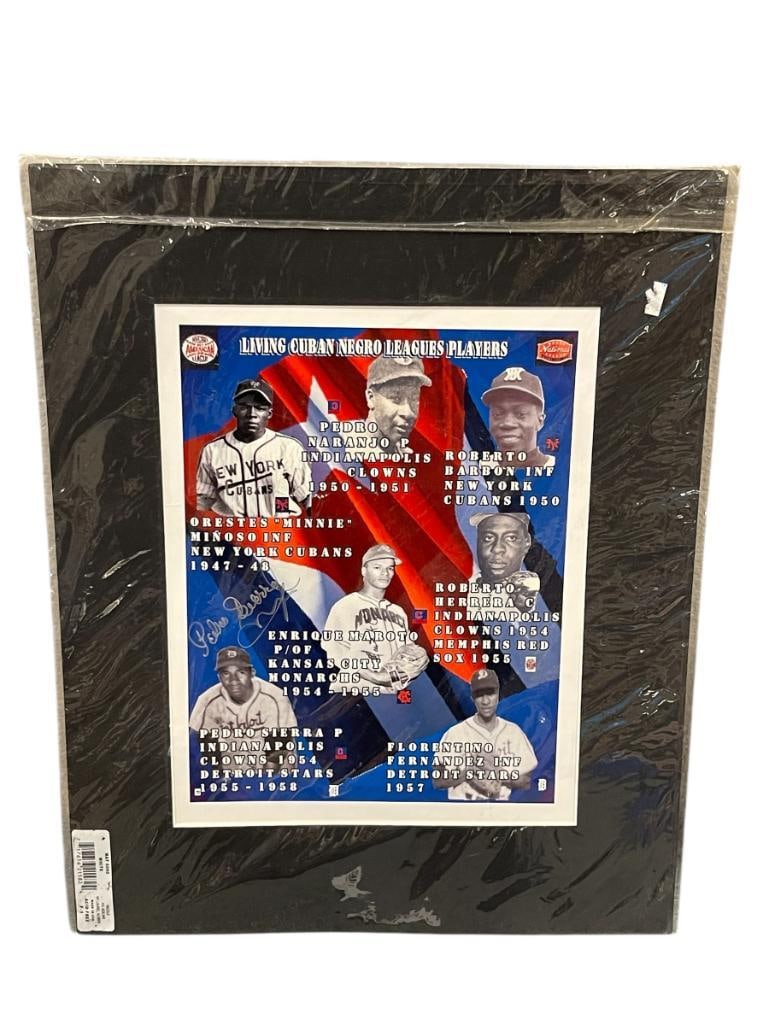 CUBAN NEGRO LEAGUE PLAYERS SIGNED BY PEDRO SIERRA P: COLLAGE FEATURES SEVEN PLAYERS INCLUDES FLORENTINO, ROBERTO HERRERA, ROBERTO BARBON, PEDRO NARANJO P, ORESTES MINOSO, ENRIQUE MAROTO, AND PEDRO SIERRA, COLLAGE DOES HAVE TWO TEARS, AUTOGRAPH IS NOT