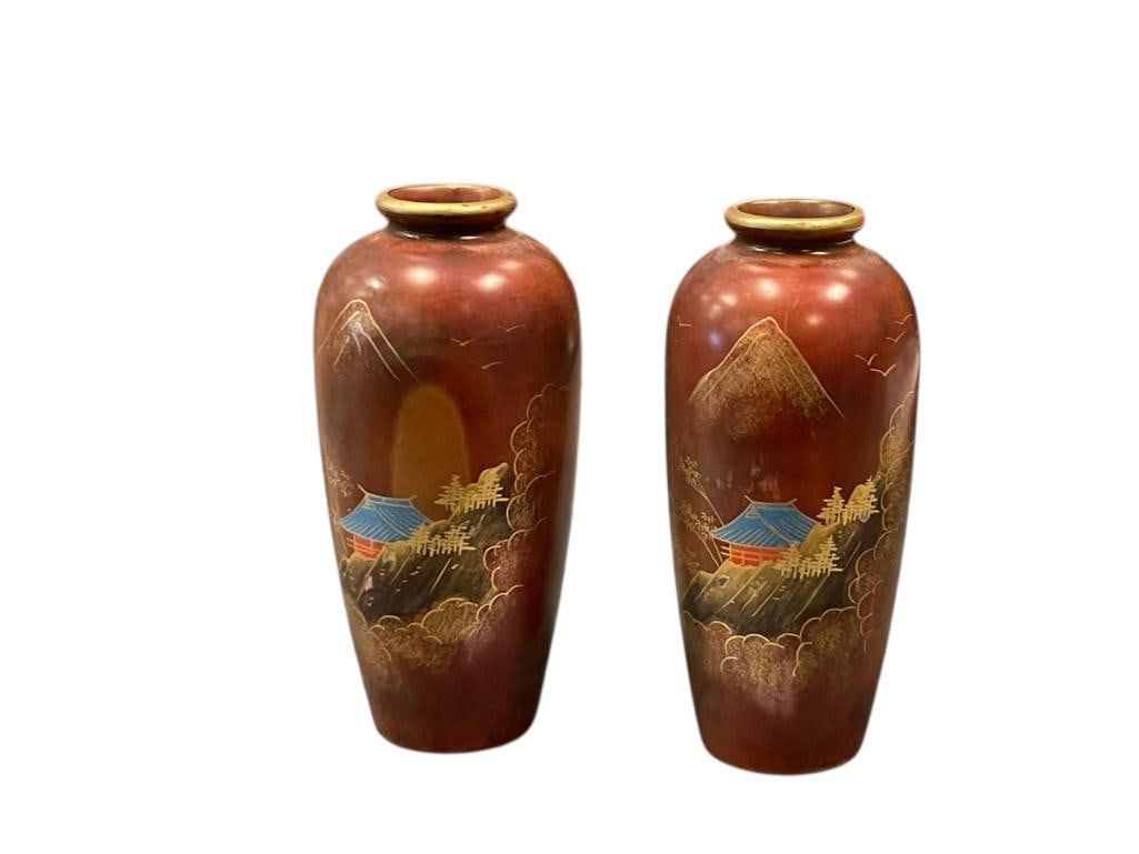 PAIR OF VINTAGE JAPANESE LACQUERWARE LANDSCPE MINIATURE BUD VASES (1 of 5)