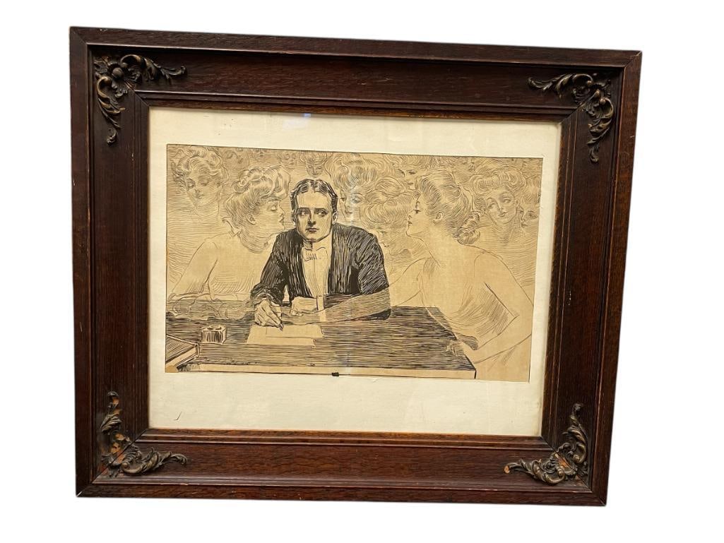 CHARLES DANA GIBSON ILLUSTRATION PRINT TITLED THE WEAKER SEX: CHARLES DANA GIBSON (1867-1944) WAS A WELL KNOWN ILLUSTRATOR AND ARTIST BEST KNOWN FOR CREATING THE ICONIC GIBSON GIRL, ILLUSTRATION DEPICTS A MAN SURROUNDED BY WOMAN, AS HE IS SEATING AT A TABLE,