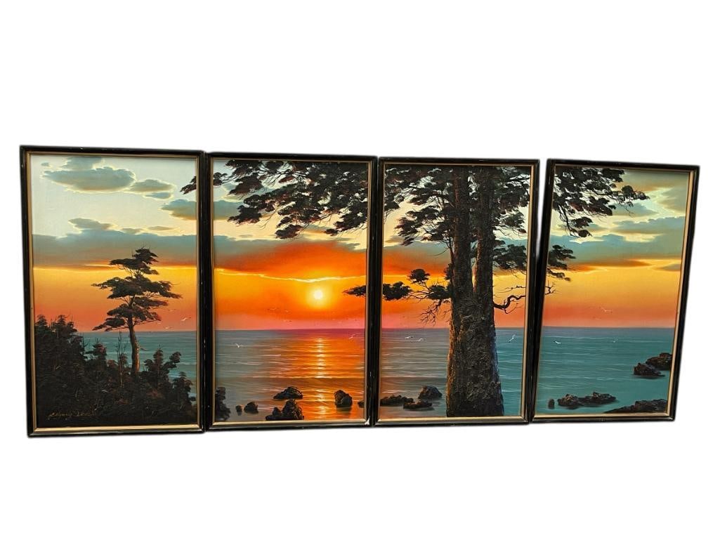 J. HYONG LEE PANORAMIC FOUR-PIECE OIL ON CANVAS SUNSET LANDSCAPE PANEL: ART DEPICTS SUNSET WITH VIEW RIGHT OFF A CLIFF OR VIEW NEAR A SHORE LINE WITH SEAGULLS FLYING INTO THE SUNSET MIRRORING OFF THE WATER WITH TREES IN THE FOREGROUND, FIRST PANEL IS SIGNED LOWER RIGHT 