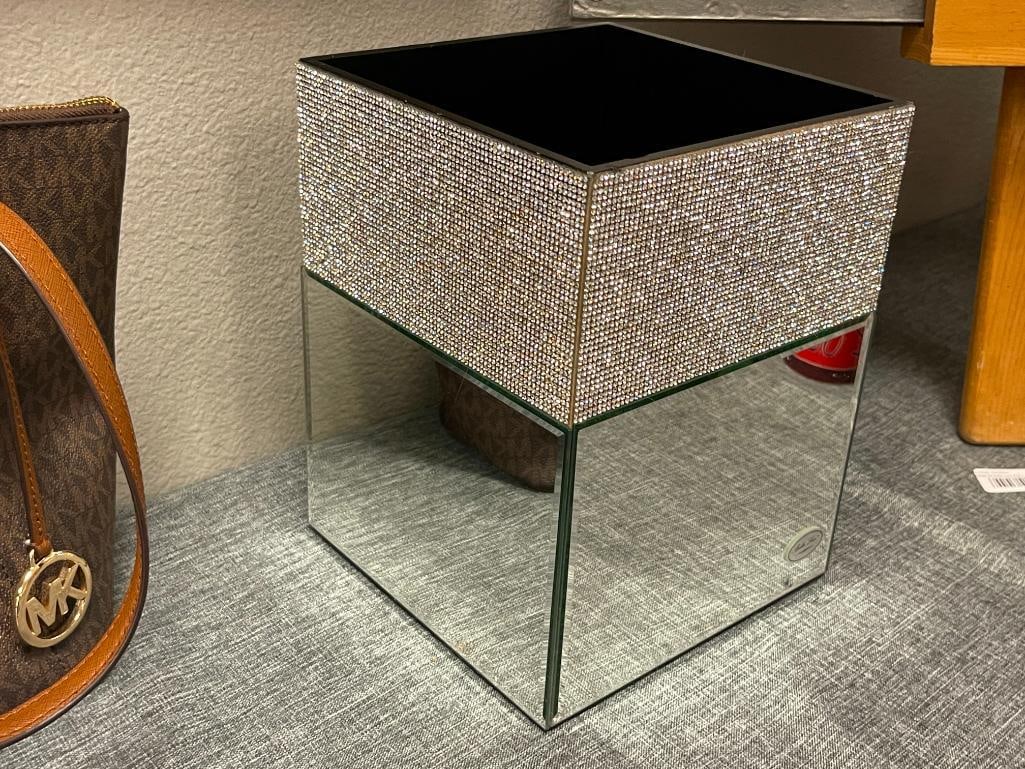 BELLA LUX BEVELED MIRROR AND BEJEWLED FANCY WASTE BASKET - 2
