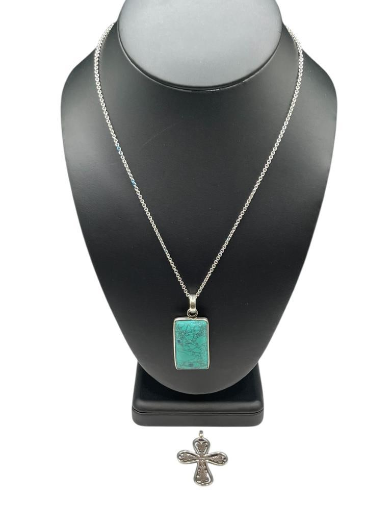 TWO STERLING SILVER PENDANTS INCLUDING A SIMULATED TURQUOISE AND A PIERCED CROSS DESIGN (1 of 6)