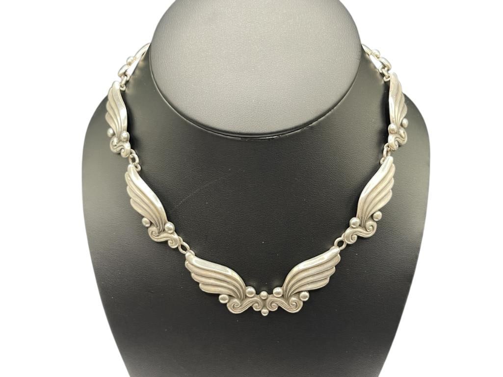 VINTAGE MARGOT DE TAXCO DESIGNER SIGNED STERLING SILVER WINGS NECKLACE: ALSO KNOWN AS THE CURLING LINES DESIGN, HALLMARKED AND NUMBERED "5120", MARGOT VAN VOORHIES CARR DESIGN 14" CHOKER LENGTH X 1/2", 54.78 GRAMS 