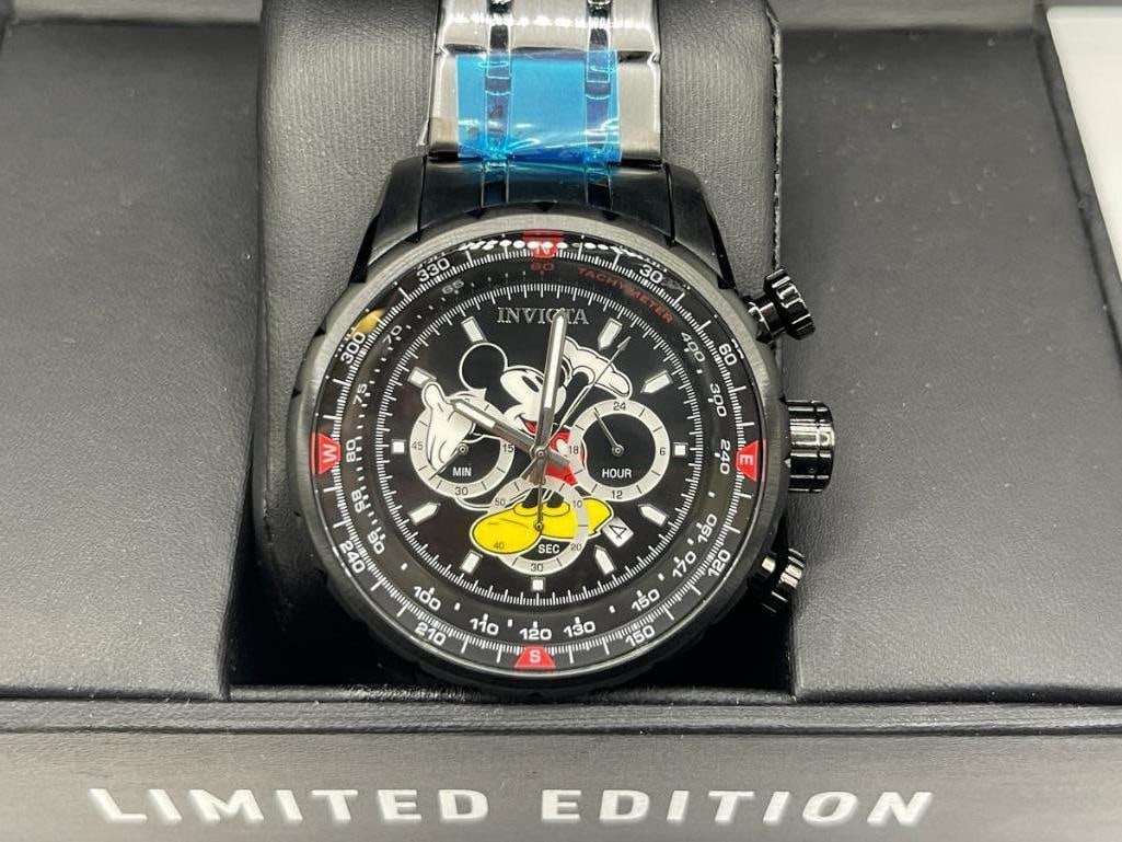 MEN'S LIMITED EDITION DISNEY MICKEY MOUSE INVICTA QUARTZ CHRONOGRAPH WRISTWATCH MODEL NO. 26743: BRAND NEW IN ORIGINAL BOX STILL WITH PLASTIC WRAP ON WATCH, SLEEK ALL BLACK STAINLESS STEEL BAND AND CASE, FEATURING MICKEY MOUSE DIAL, LIMITED EDITION 162/9000, 100M WATER RESISTANT, NEEDS BATTERY 48