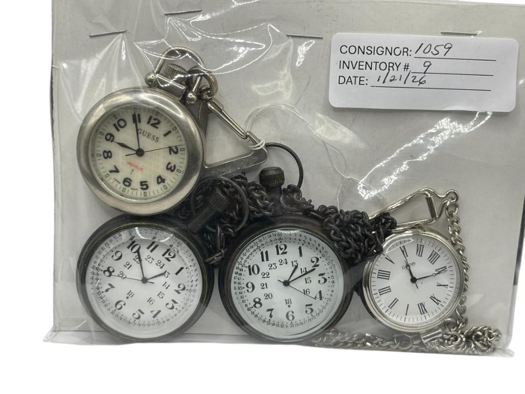 FOUR MODERN POCKET WATCHES INCLUDING GUESS AND ONE WITH QUARTZ MOVEMENT (1 of 6)