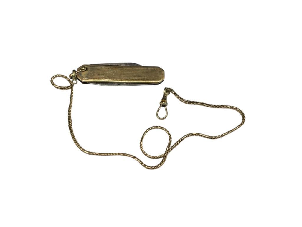 VINTAGE SIMMONS GOLD FILLED CHAIN WITH SINGLE BLADE KNIFE AND PICK FEATURING GOLD FILLED CASE (1 of 5)