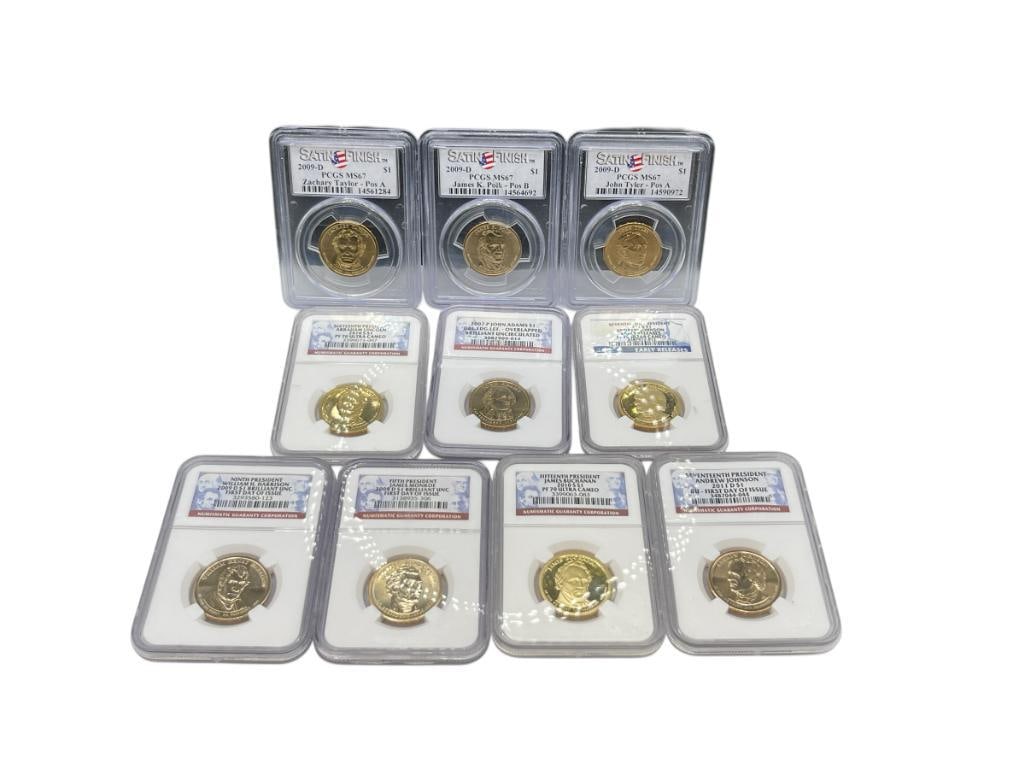 10 GRADED U.S. GOLD TONE PRESIDENTIAL DOLLARS INCLUDING THREE SATIN FINISH PCGS MS67 DOLLARS (1 of 8)