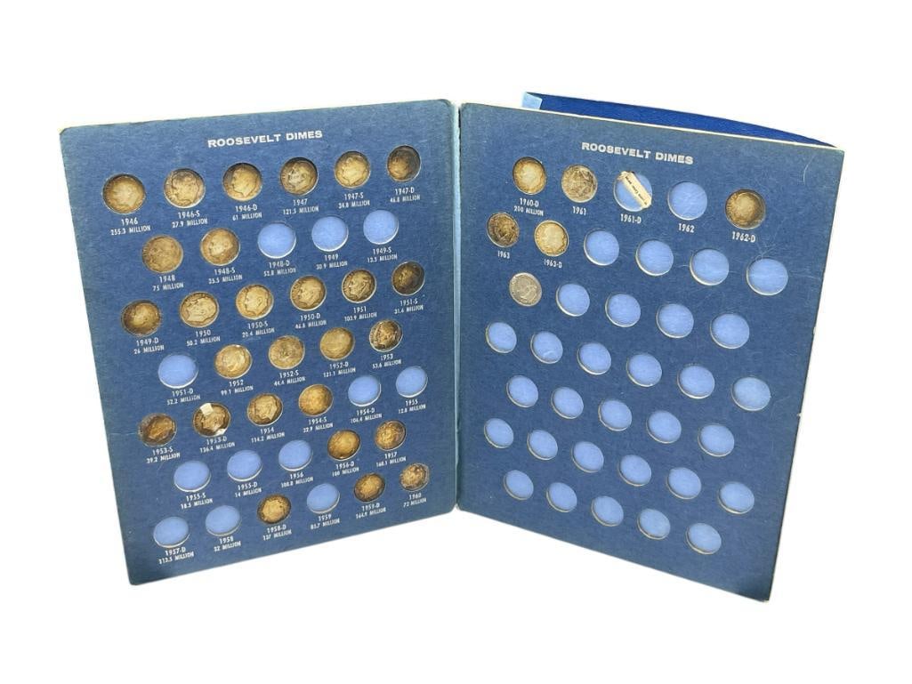 U.S. ROOSEVELT DIME COLLECTION BOOK STARTING IN 1946 FEATURING 32 SILVER DIMES (1 of 7)