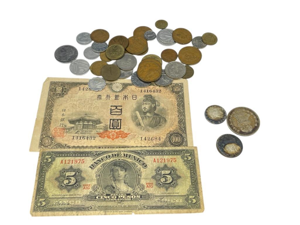 ASSORTED FOREIGN COINS AND CURRENCY INCLUDING SOME SILVER COINS (1 of 11)