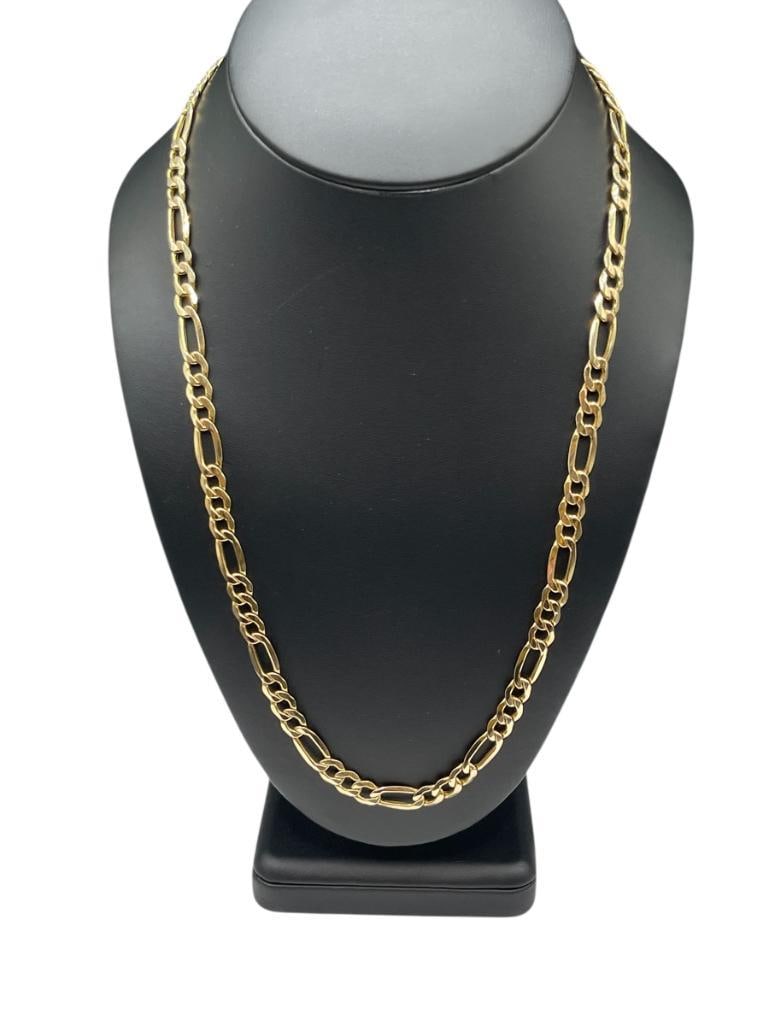 10K YELLOW GOLD VINCENZA ITALY FIGARRO LINK NECKLACE: HALLMARKED ON CLASP 22" X 1/4", 13.2 GRAMS 