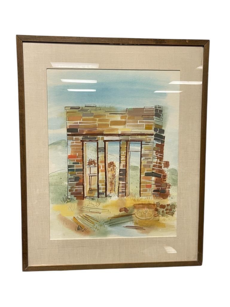 VIRGINIA GOULD ORIGINAL WATERCOLOR ON PAPER WESTERN BRICK BUILDING: VIRGINIA GOULD (1917B.) WYOMING BORN ARTIST WHO STUDIED AND LIVED IN CALIFORNIA, SHE WAS KNOWN FOR HER URBAN STYLED PAINTINGS, ART DEPICTS WESTERN SCENE OF A BRICK STORE FRONT WITH MOUNTIANS IN THE