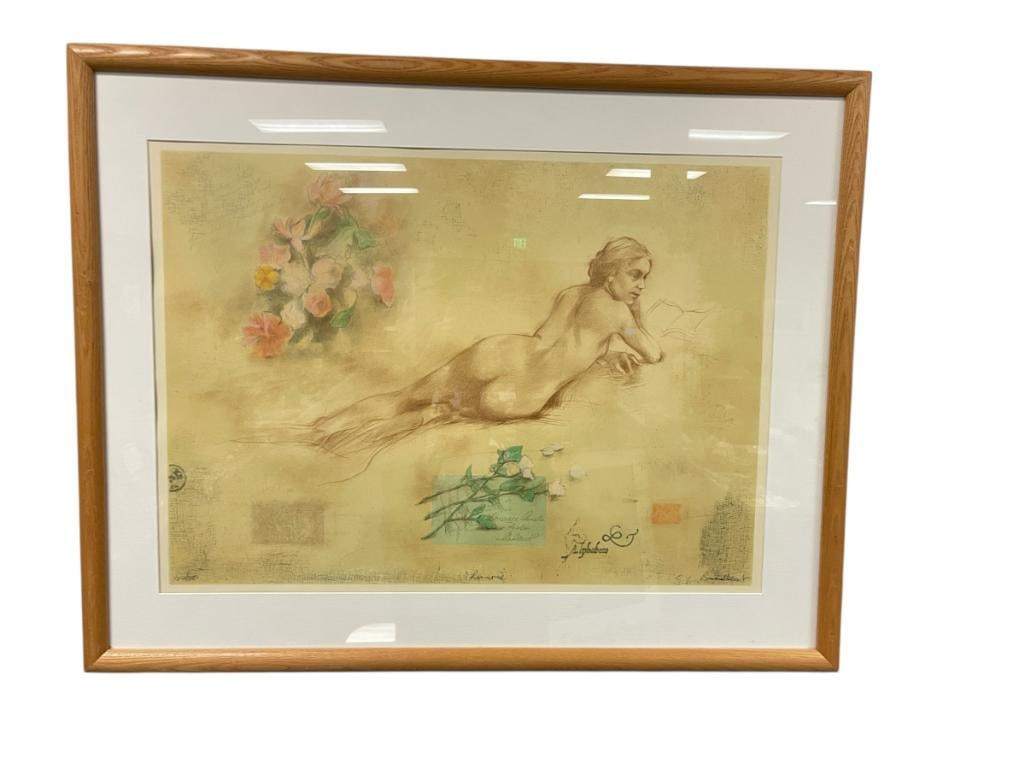 MARTIN BROADBENT ENGLISH ARTIST LIMITED EDITION PRINT TITLED REVERE: MARTIN BROADBENT (1944B.) MASTER PRINTER KNOWN FOR HIS DETAILED LITHOGRAPHS AND SERIGRAPHS, ART DEPICTS A NUDE WOMAN LYING DOWN NEXT TO FLOWERS, SIGNED LOWER RIGHT, NO. 20/350, FRAMED 36" X 28 1/2"