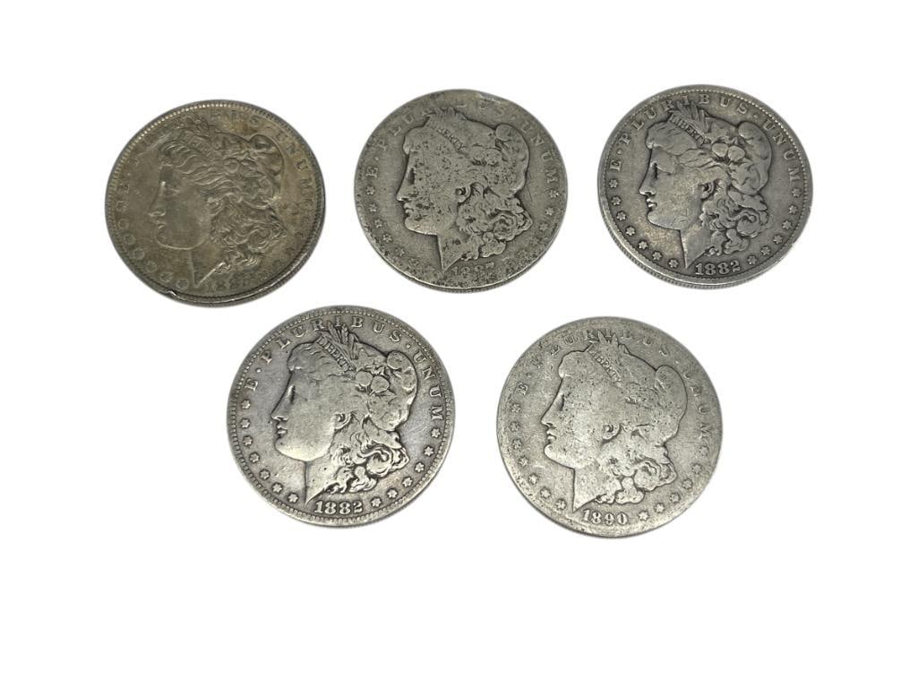 FIVE U.S. MORGAN SILVER DOLLARS FEATURING VARIOUS DATES AND MINT MARKS (1 of 9)