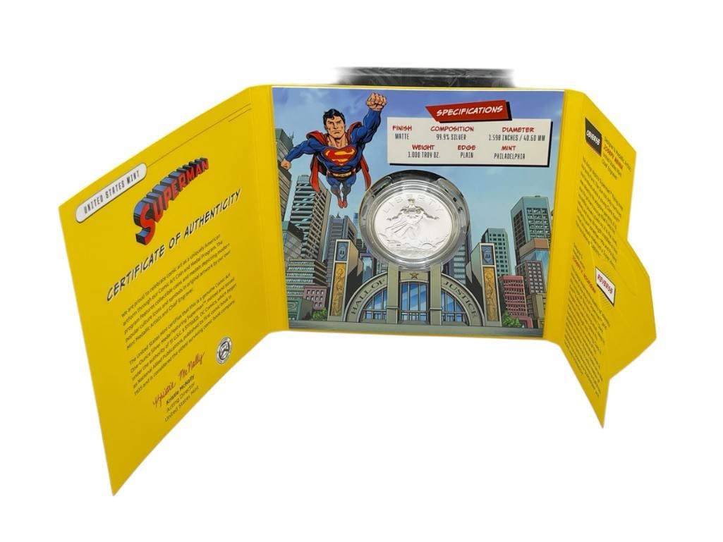 2025 U.S. MINT COMIC ART ONE OUNCE SILVER DC SUPERMAN MEDAL " HOPE AND STRENGTH ": STUNNING MEDAL FEATURING EXCEPTIONAL DETAIL, INCLUDES ORIGINAL CASE AND CERTIFICATE OF AUTHENTICITY, .999 FINE SILVER, LIMITED EDITION # 1 OF 9 1 TROY OUNCE 