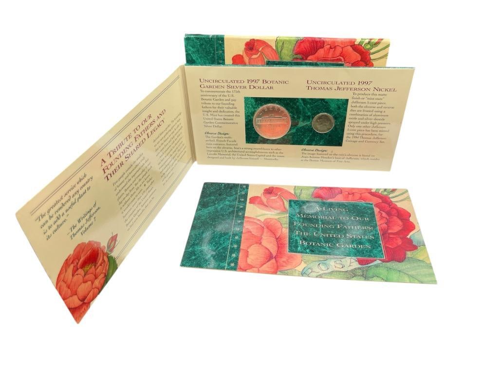 THE U.S. BOTANIC GARDEN COINAGE AND CURRENCY SET FEATURING A 90% SILVER DOLLAR: INCLUDES DISPLAY BOOKLET AND CERTIFICATE OF AUTHENTICITY 26.73 GRAM SILVER DOLLAR 