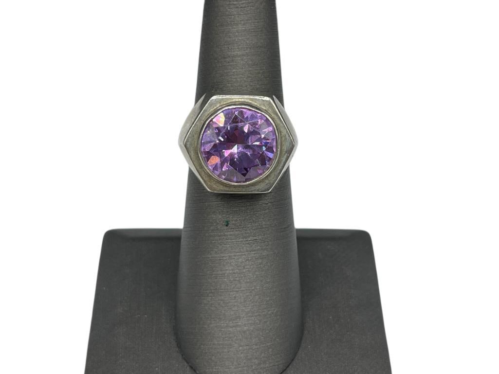 VINTAGE TAXCO MEXICO UNUSUAL HEXAGON SHAPED STERLING SILVER RING FEATURING ROUND CUT PURPLE STONE: HALLMARKED "TC-S16" SIZE 6 1/2, 5/8" FRONT, 25.97 GRAMS 