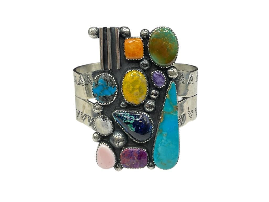 NAVAJO MARCUS CHAVEZ ARTIST SIGNED STERLING SILVER MULTI-STONE CUFF BRACELET FEATURING TURQUOISE (1 of 7)