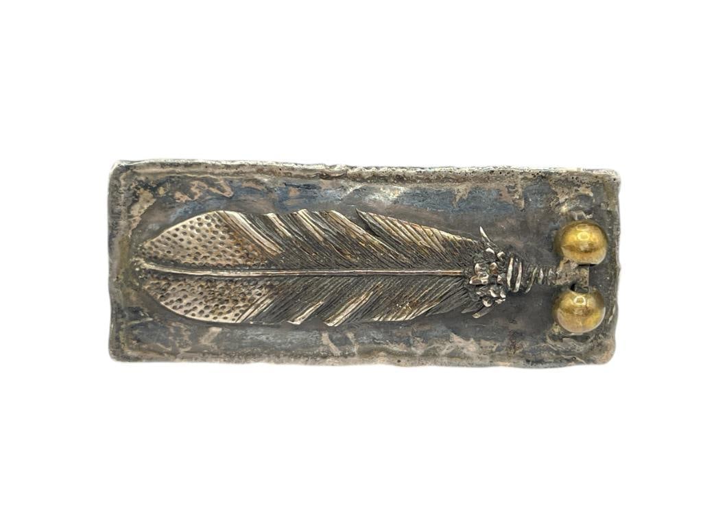 VINTAGE NAVAJO STERLING SILVER FIGURAL FEATHER BELT BUCKLE WITH BRASS BEAD ACCENTS (1 of 6)
