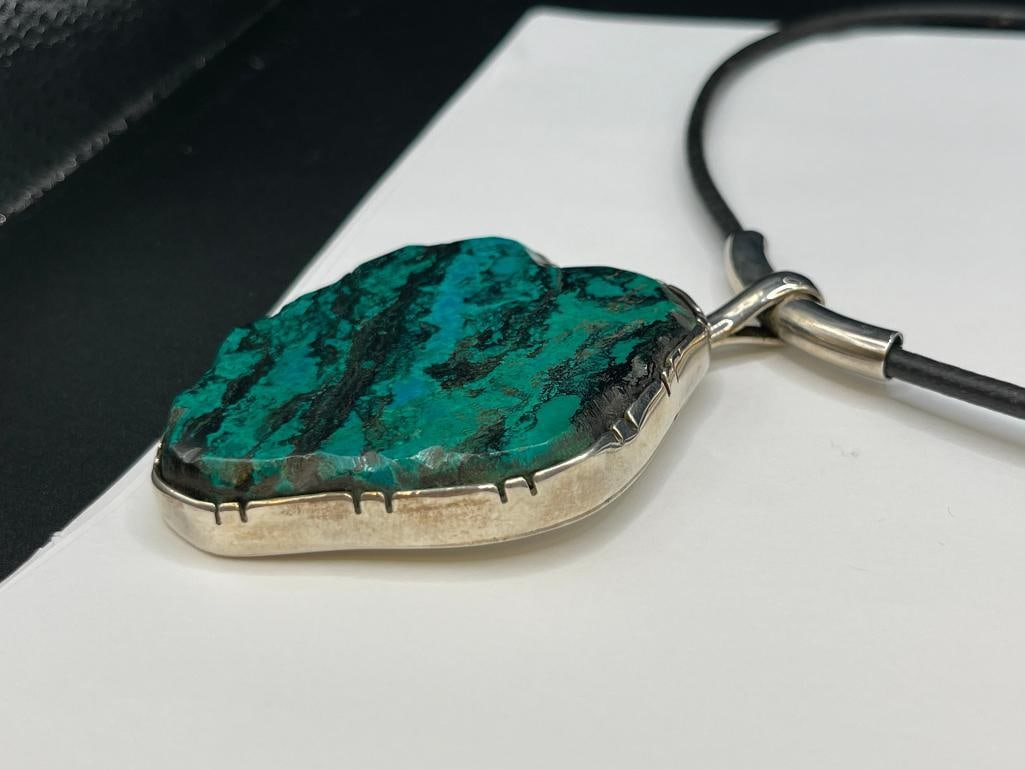 1997 CUSTOM MADE ARNOLD GOLDSTEIN STERLING SILVER MALACHITE CHRYSOCOLLA FREEFORM PENDANT NECKLACE - 3