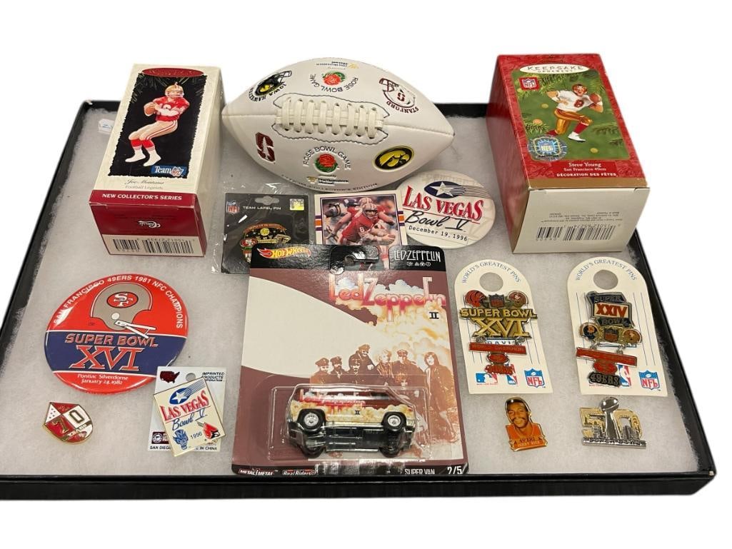 S.F. 49ERS COLLECTIBLES: JOE MONTANA AND STEVE YOUNG HALLMARK ORNAMENTS, SUPERBOWL PINS AND BUTTONS, 14 ITEMS TOTAL 