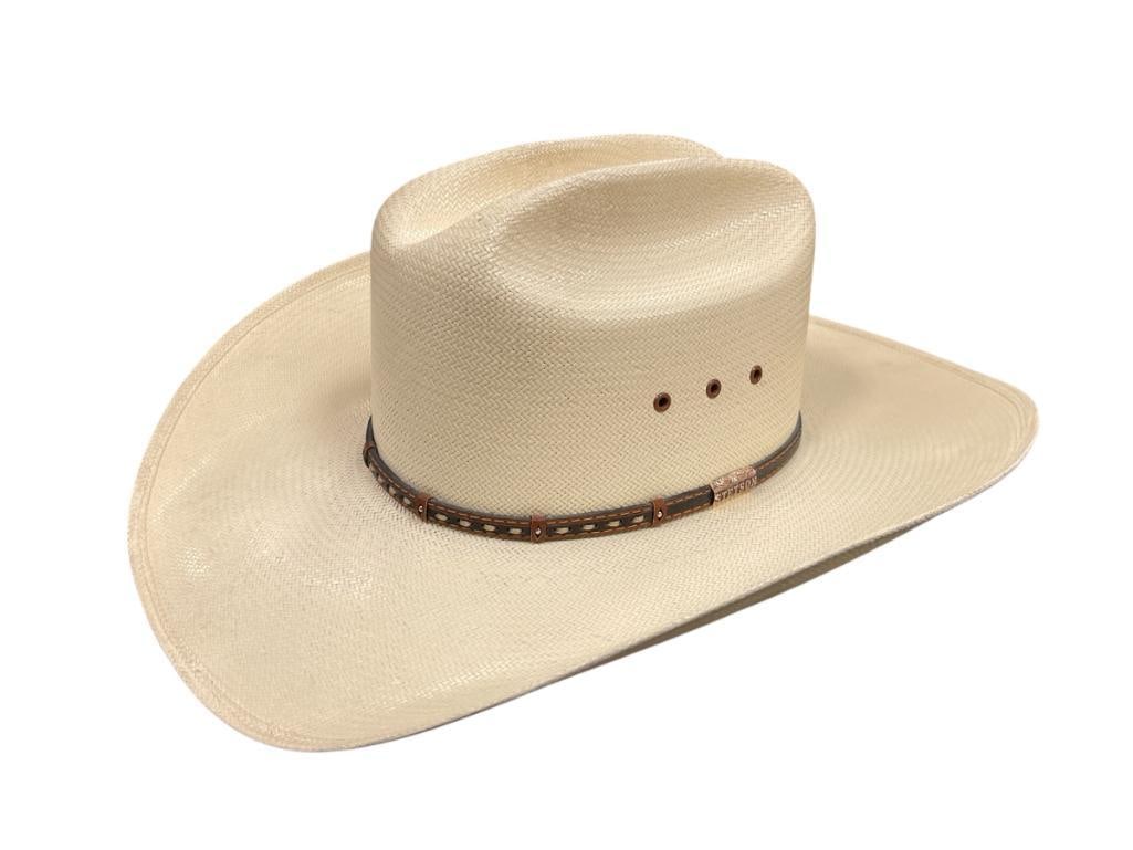 STETSON STRAW HAT SIZE 7 1/8 WITH LEATHER HAT BAND WITH STETSON LOGO (1 of 8)