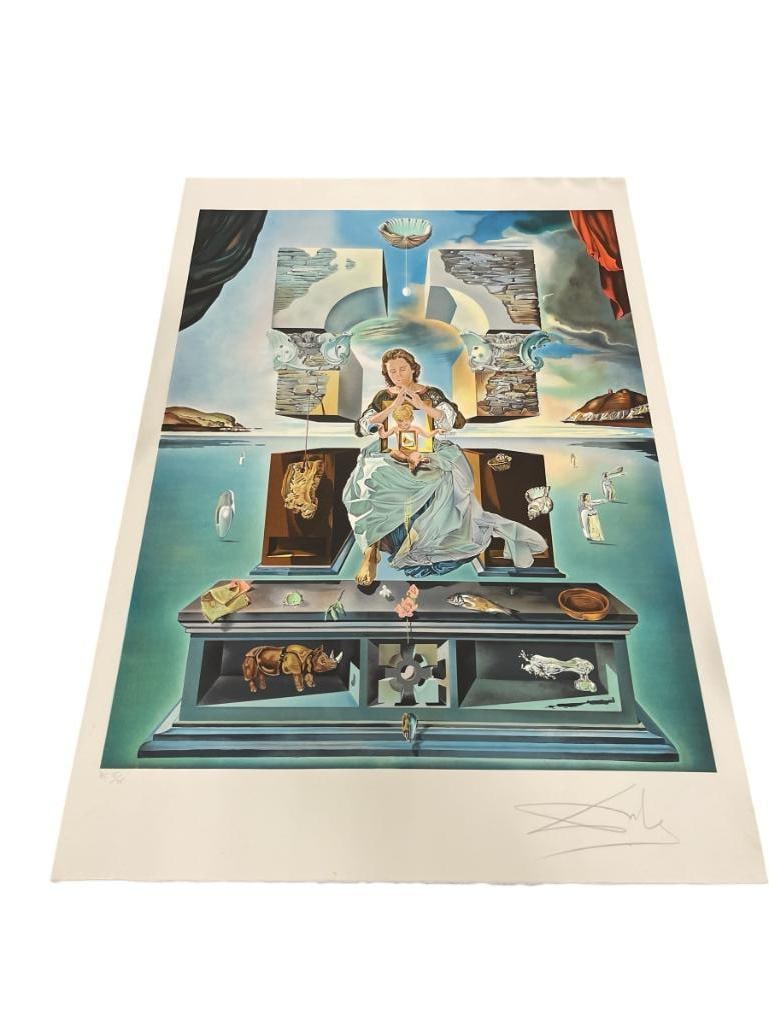 SALVADOR DALI SIGNED ORIGINAL LIMITED EDITION LITHOGRAPH THE MADONNA OF PORT LLLIGAT GALA SUITE: SALVADOR DALI (1904-1989) WAS A SPANISH ARTIST WELL KNOWN FOR HIS UNIQUE AND SURREAL PAINTING STYLE, THIS SIGNED LITHOGRAPH WAS ORIGINALLY PART OF A SUITE OF TWO LITHOGRAPHS, THE ONE INCLUDED IS
