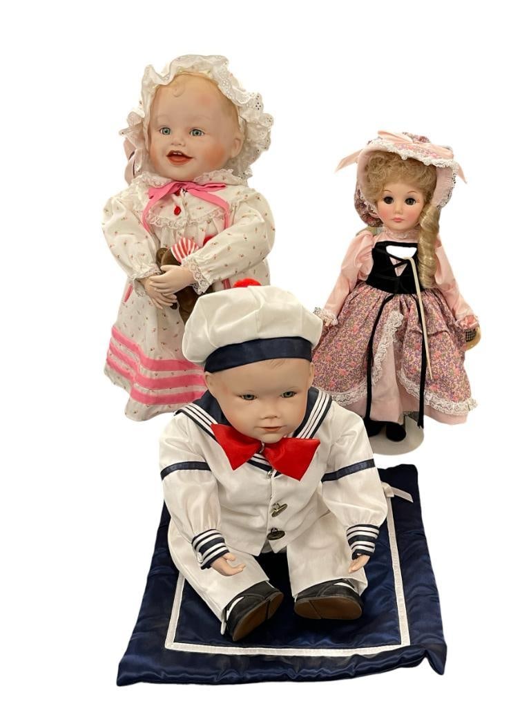 PORCELAIN AND VINYL YOLANDA BELLO AND EFFANBEE DOLLS, LITTLE BO PEEP, MATTHEW, AND SARAH: SARAH AND MATTHEW COME FROM YOLANDA BELLO YOLANDA'S PICTURE PERFECT BABIES COLLECTION, EACH DOLL IS MARKED ON THE BACK OF THE NECK OR BACK, TWO DOLLS INCLUDE METAL STAND 10", 11", 14" H