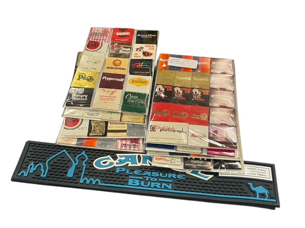 OVER 120 COLLECTIBLE MATCHBOOKS FROM AVIATION, CASINOS, RESTAURANTS, HOTELS, ETC.: MANY CASINO MATCHBOOKS INCLUDES THE HAROLD'S CLUB, SILVER CLUB, MGM RENO, PEPEPRMILL, COMSTOCK, GAMBLER, SHARKEY'S AND MANY OTHERS, INCLUDES TWO CAMEL CIGARETTE BAR SPILL MATS 