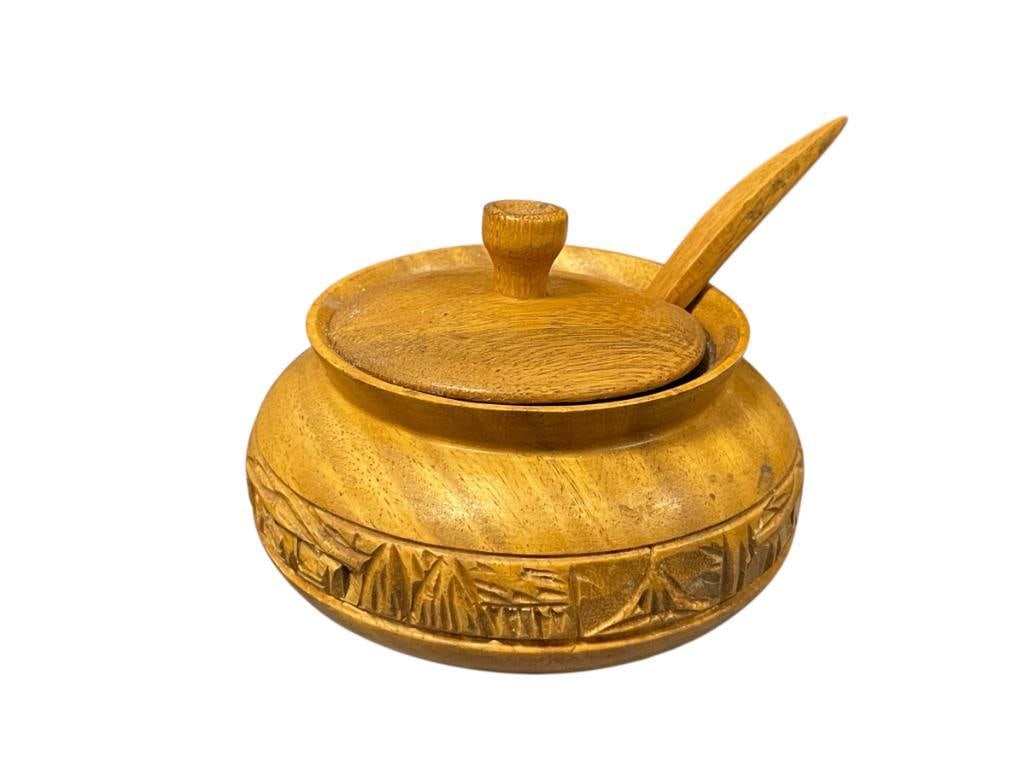 HAND CARVED MONEKY POD BOWL WITH LID AND SOON, CONDIMENT / SUGAR BOWL: HAND CARVED LANDSCAPE BAND 5" ROUND 