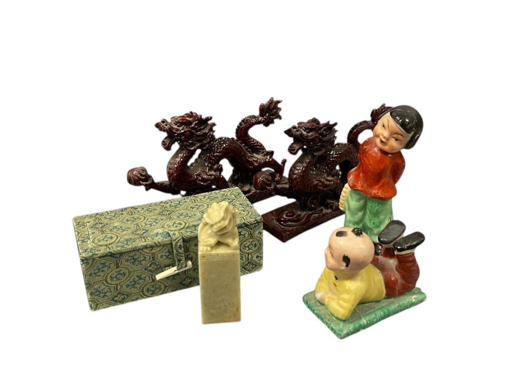 ASIAN COLLECTIBLES RESIN DRAGON FIGURES, BLANK CARVED STONE CHOP SEAL, AND JAPAN PORCELAN FIGURES (1 of 11)