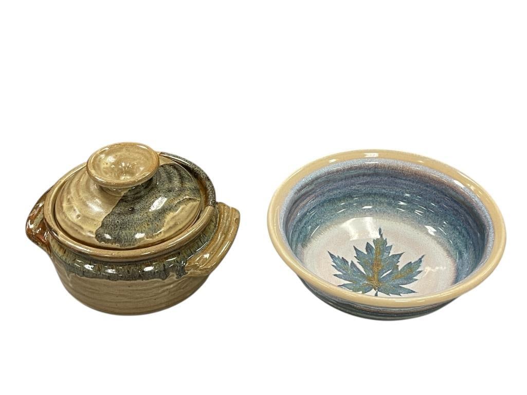 TWO VINTAGE SIGNED STUDIO POTTERY PIECES INCLUDING LIDDED POT AND MAPLE LEAF THEME BOWL (1 of 9)
