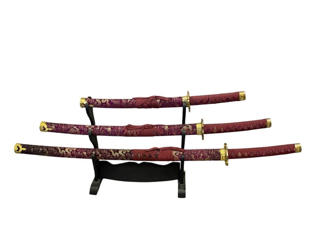 THREE PIECE DECORATIVE KATANA SET WITH WOODEN DISPLAY (1 of 9)
