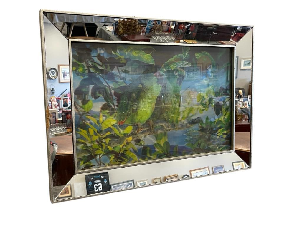 EXOTIC / TROPICAL BIRD LENTICULAR MIRRORED FRAME ART: ART DEPICTS TWO 3D LENTICULAR ART OF PERCHED EXOTIC BIRDS IN MIRRORED PANEL FRAME 28" X 20 1/2" 