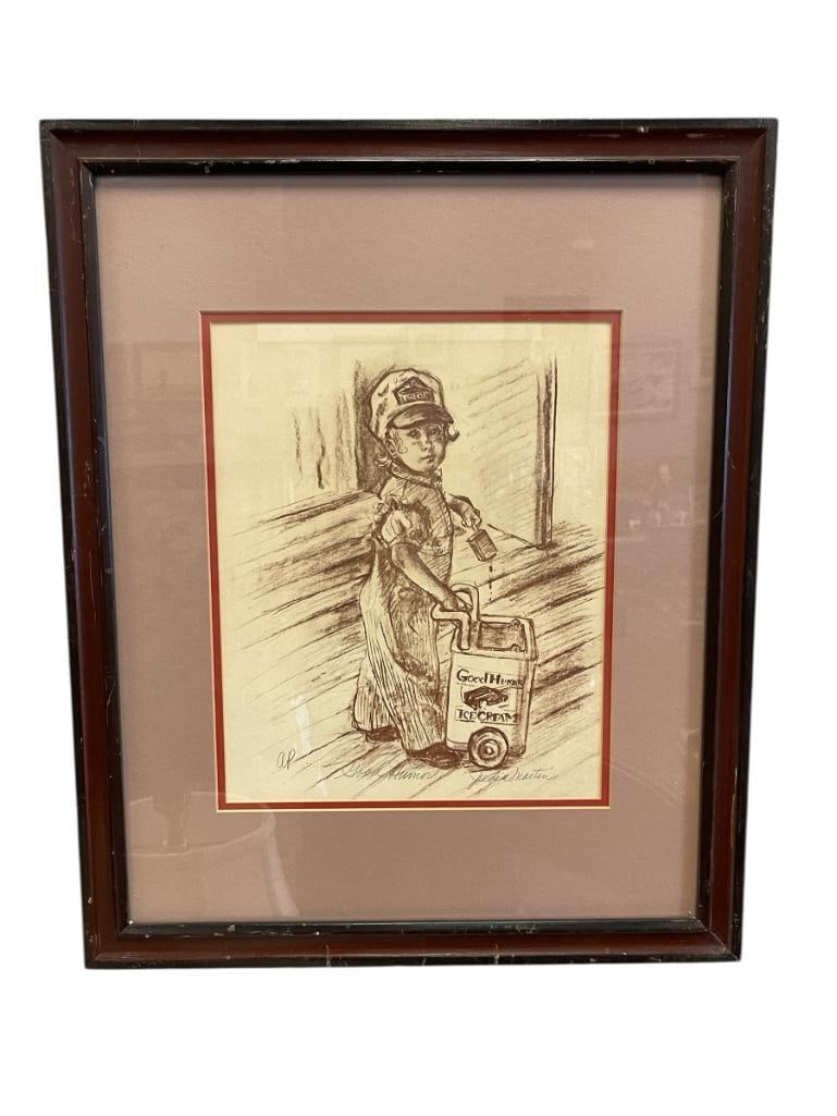 JUDIE MARTIN ARTIST PROOF PRINT TITLED GOOD HUMOR ICE CREAM ADVERTISEMENT PRINT: ART DEPICTS YOUNG BOY IN UNIFORM PUSHING GOOD HUMOR ICE CREAM CART, SIGNED BOTTOM RIGHT, FRAMED 18" X 22" FRAME 