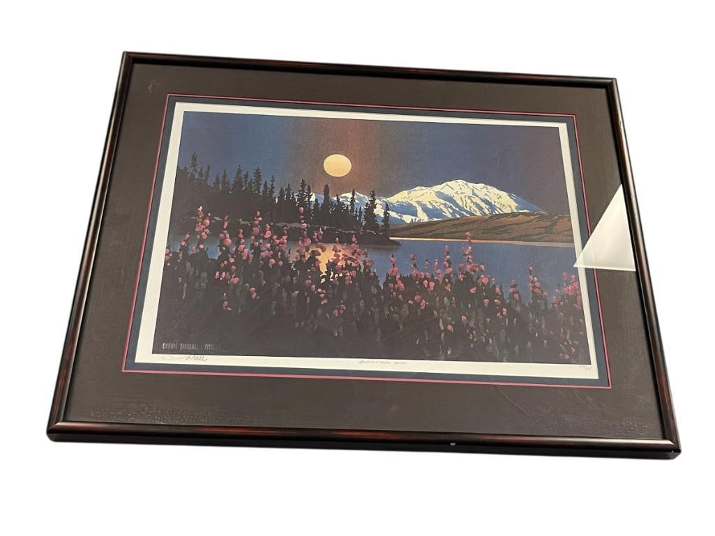 BRYON BIRDSALL ALASKAN ARTIST LIMITED EDITION PRINT ALASKAN WINTER LANDSCAPE FIREWEED MOUNTAIN MOON: BRYON BIRDSALL (1937-2016) WAS ONE OF ALASKA'S MOST RENOWN WATERCOLORIST'S, ART DEPICTS ALASKAN WINTER LANDSCAPE WITH FIREWEED MOUNTAIN UNDER FULL MOON, SIGNED LOWER LEFT, PLATE SIGNED, FRAMED 33" X