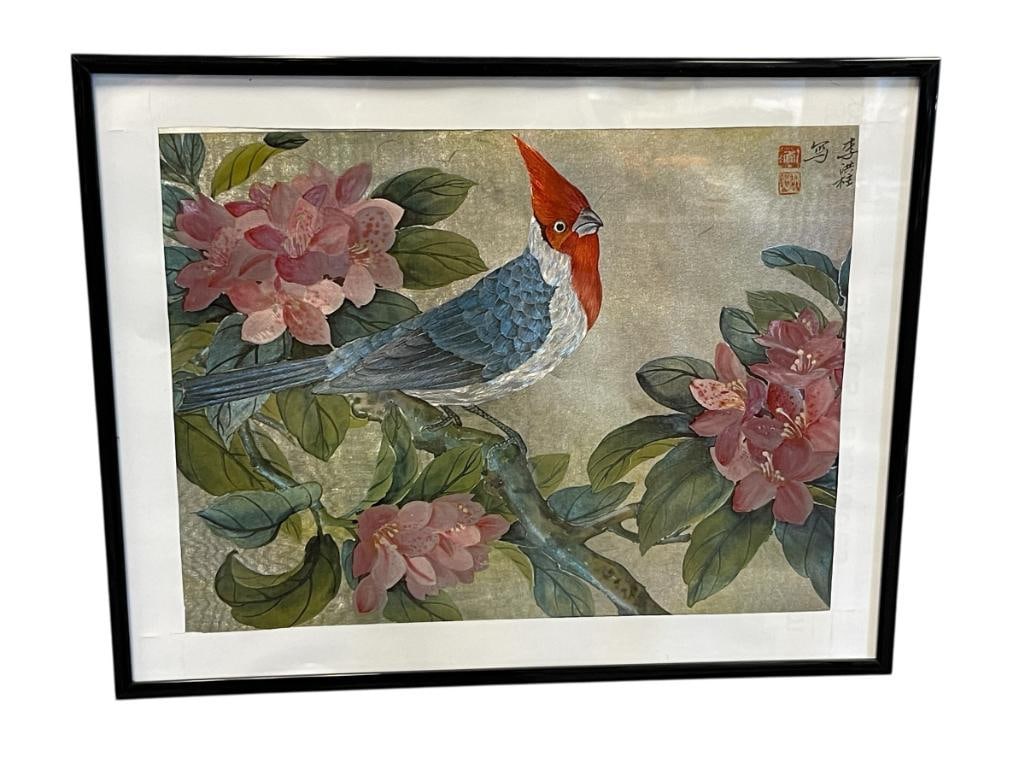 EXOTIC PERCHED BIRD ON TREE WITH FLOWERS F.J. WARREN LTD HITCHIN HERTS, ENGLAND DUFEX PRINT (1 of 5)