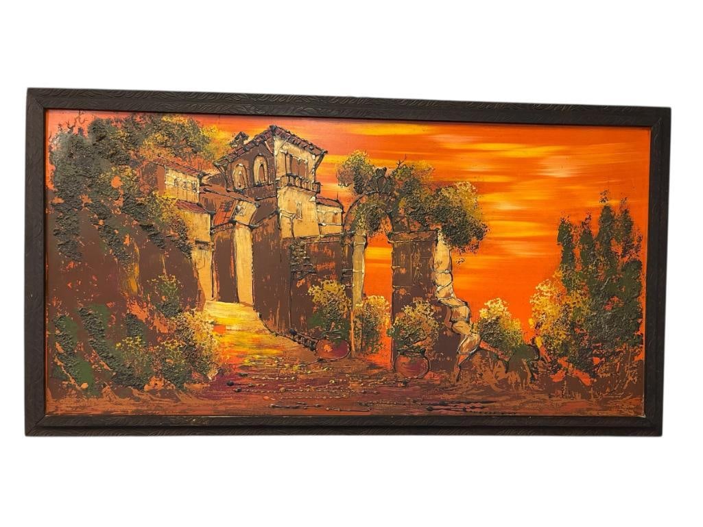 LARGE MID-CENTURY IMPASTO STYLE HEAVY ACRYLIC ON BOARD PAINTING: HEAVILY TEXTURED PAINTING WITH WARM COLORS, ART DEPICTS ARCHITECTURAL RUINS SCENE, NO SIGNATURE PRESENT, FRAMED 51" X 26" FRAME 