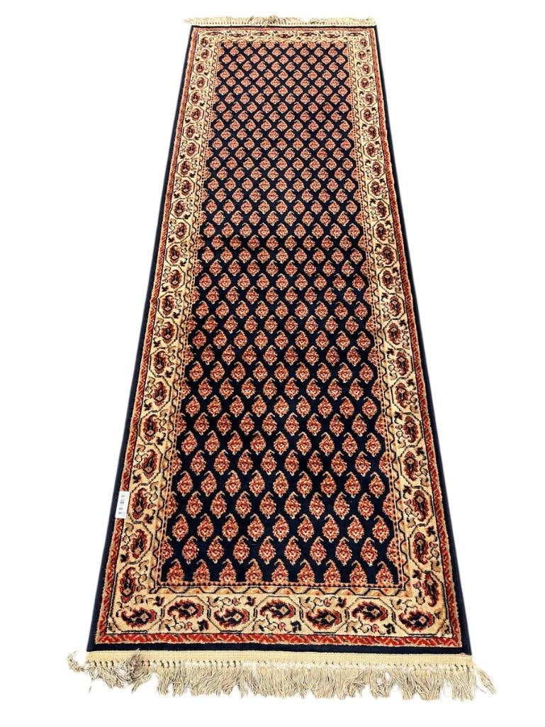 AKIRA BELGIUM MADE WOOL PILE RUNNER WITH FRINGE DESIGN 376: TURKISH STYLE RUNNER IN RED, BLUE, AND LIGHT BROWN, RUG SHOWS AGE, BUT HAS GOOD COLOR WITH NO HEAVY WEAR 32" X 99" 