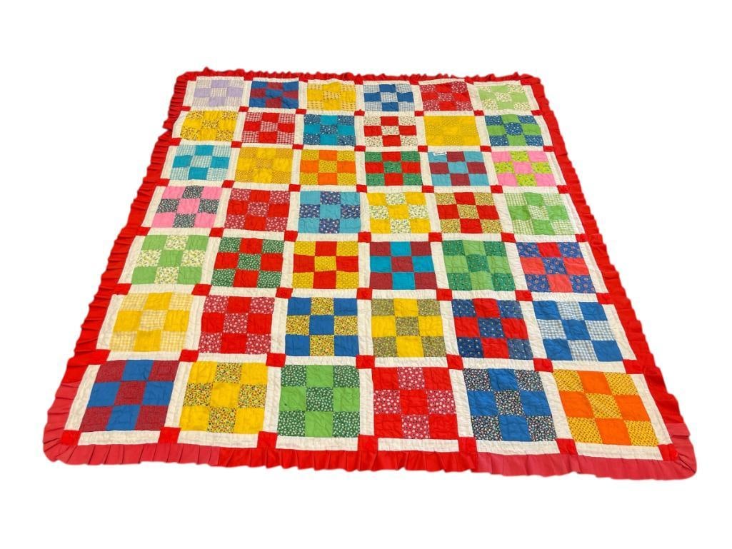 VINTAGE HANDMADE VIBRANT NINE PATCH / 9-PATCH QUILT (1 of 7)