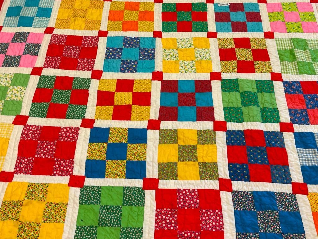 VINTAGE HANDMADE VIBRANT NINE PATCH / 9-PATCH QUILT - 2